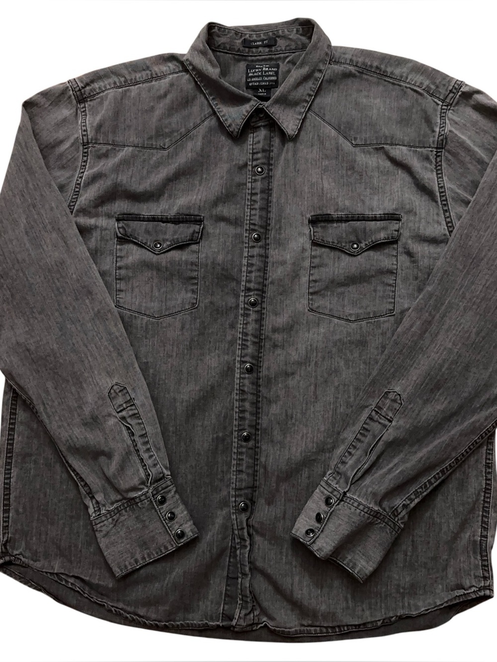 Lucky Brand Black Label Denim Shirt Mens XL Long Sleeve Pearl Snap Button Gray